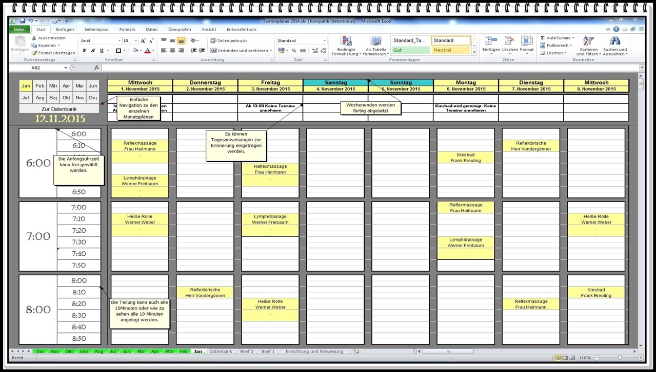 Der digitale Excel Terminkalender ist ein Zeitplansystem, welches tägliche Ereignisse für bis zu 